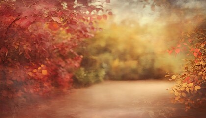 Photo of Red and Yellow Autumn Leaves with Blurred Garden Path Background