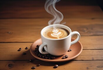 Fototapeta premium Fresh coffee steams on wooden table close up, ai