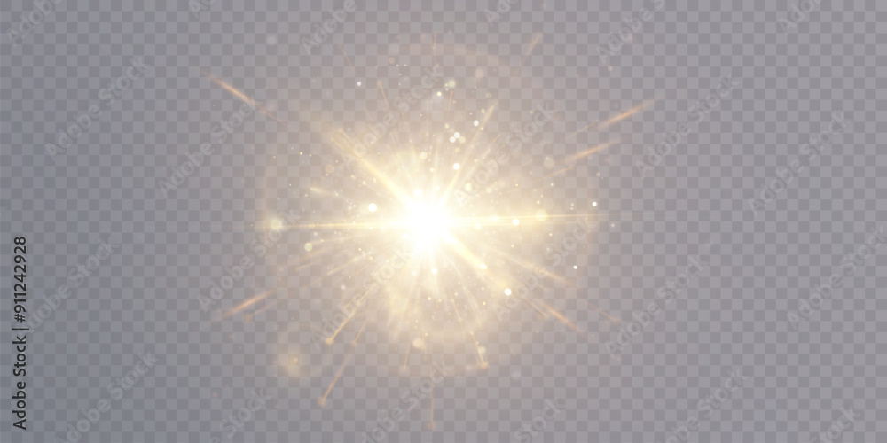 Poster Abstract golden light effect with glare and particle explosion effect on transparent background. Vector 10 EPS