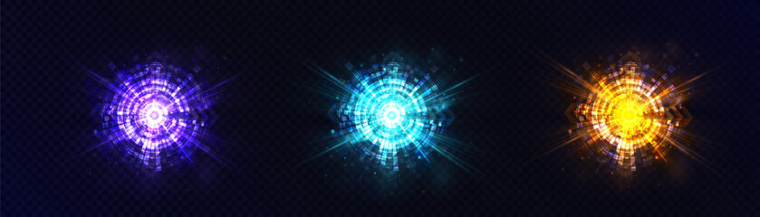 Bright futuristic blue yellow purple glow flashes with glare effects and glow explosions. Bright set of abstract light effects PNG. Vector graphics for web design