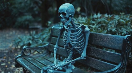 Spooky Skeleton Decoration Resting on Bench in Dark Garden Setting for Halloween Theme