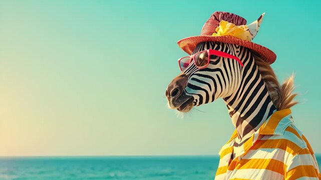 Funny zebra in sunglasses, straw hat and bright summer clothes on blue sea background