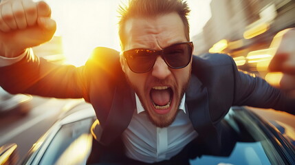Angry Businessman Car Window Yelling Urban Sunset Motion
