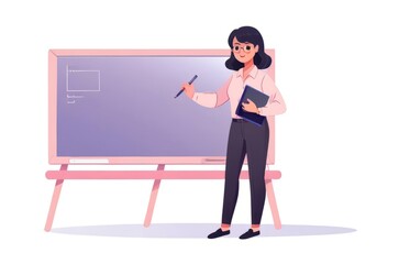 Flat illustration of a teacher in a classroom writing on a blackboard, purple and pink, gradient, isolate on white
