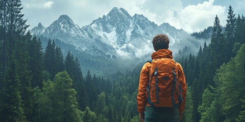 Man Hiking in Rainy Mountains with Backpack, Misty Forest