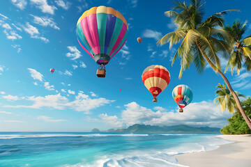Fototapeta premium Colorful hot air balloons float over a tropical beach, perfect for summer vacation and travel advertising. 