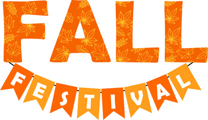 fall festival, party lettering banner, hanging orange pennants
