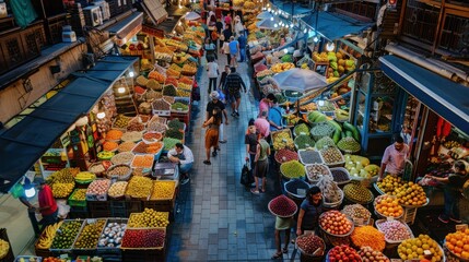 Fototapeta premium A bustling market street with colorful produce and people.
