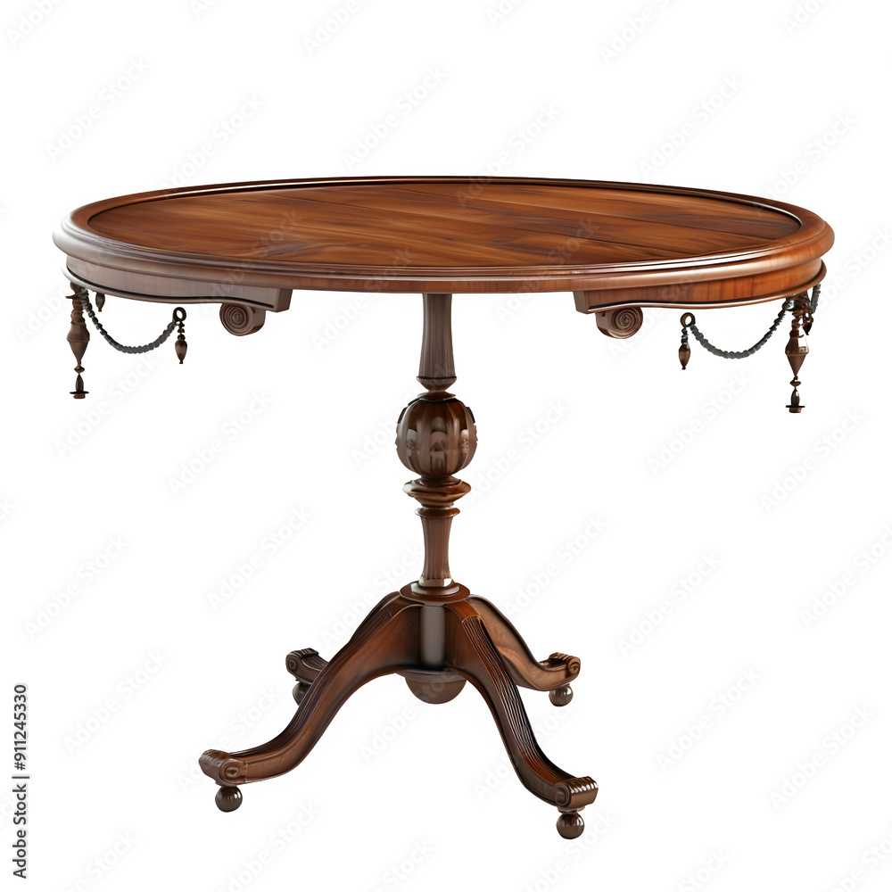 Poster classic wooden table with intricate designs and tassels isolated on a transparent backdrop