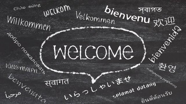 Welcome in different international language write on chalkboard animation cinematic title abstract background  