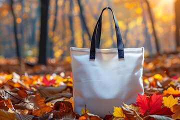 A white tote bag sits on a forest floor covered with colorful autumn leaves, bathed in warm sunlight, perfect for promotions related to fashion, travel, shopping, and nature,