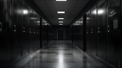 Dark Empty School Hallway with Lockers