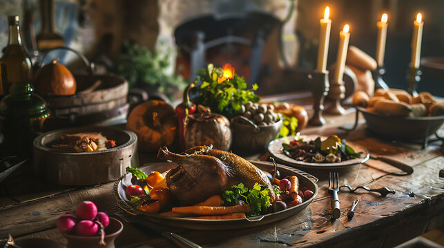 A rustic medieval feast with a roasted chicken, vegetables, and candles, perfect for a historical or fantasy setting. 
