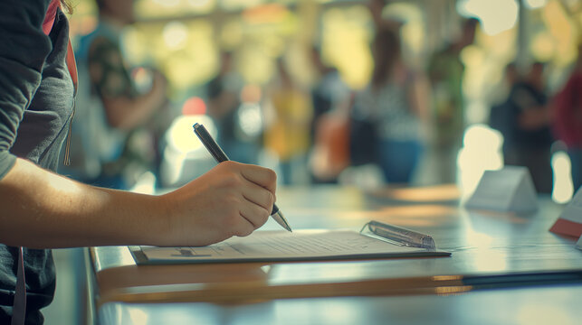 Close-Up of Woman Writing at Registration Desk with Blurred Background