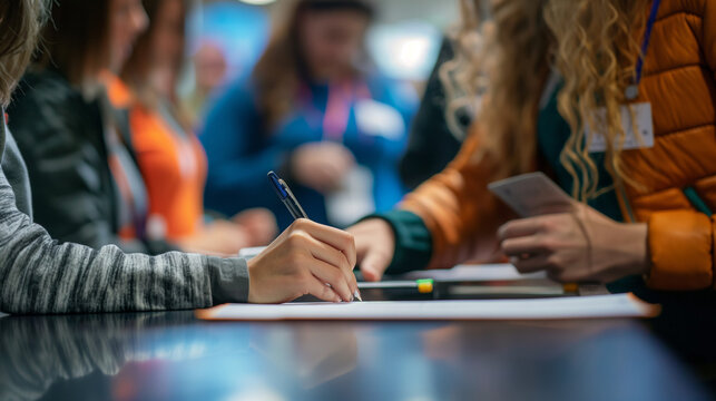 Woman Signing Documents at Conference Registration Desk