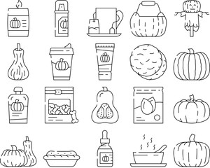 pumpkin halloween autumn orange icons set vector. thanksgiving cute face, fall food harvest, scary evil vegetable, decoration horror pumpkin halloween autumn orange black contour illustrations