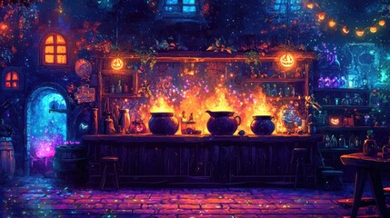 Enchanting Halloween Witch's Potion Lab with Bubbling Cauldrons and Eerie Ingredients in Whimsical Colors