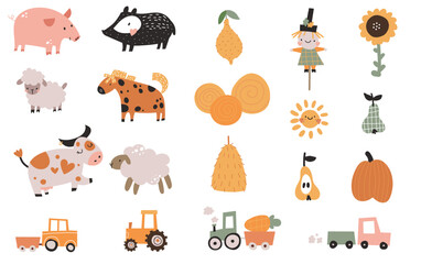 Cute kid toddler scarecrow farm animals, birds, frog, sheep agriculture rooster collection nursery, tractor car machines agriculture eduction © Alina Nikitaeva