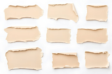 Torn beige color swatches on white background,