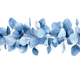 Eucalyptus leaves in blue tones with a watercolor center on a white background seamless pattern