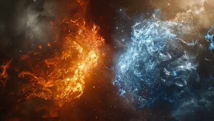 Abstract artwork depicting clashing flames of fire and ice in a dark background.