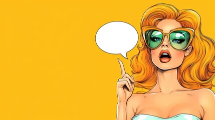 A vibrant pop art girl with a speech bubble, perfect for a birthday party invitation or a vintagestyle poster.