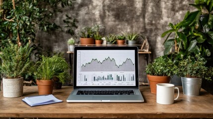 A sleek laptop with data charts is surrounded by vibrant indoor plants in a bright office, showcasing a blend of nature and technology during daylight