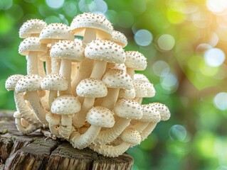Cluster of White Mushrooms with Brown Spots on a Tree Stump
