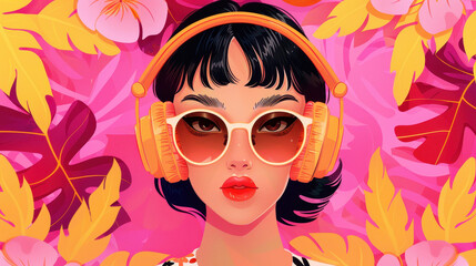 Fototapeta premium A bright, modern summer scene featuring a cute girl in a flat illustration style, bursting with vibrant textures.