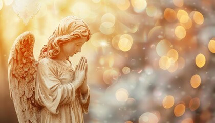 Serene Angel Figurine With Praying Posture Amidst Soft Glowing Lights During Golden Hour