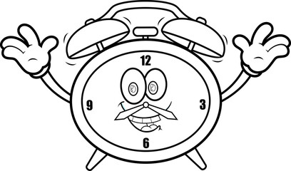 Outlined Alarm Clock Cartoon Character Back To School. Vector Hand Drawn Illustration Isolated On Transparent Background