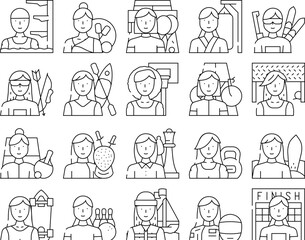 female sport woman exercise icons set vector. girl athlete, workout training, young people, healthy active gym lifestyle fitness female sport woman exercise black contour illustrations