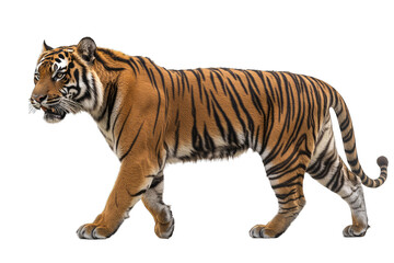 Majestic tiger walking gracefully, showcasing its striking orange and black stripes in a powerful stance.
