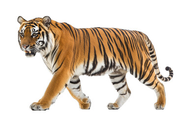 Fototapeta premium A majestic tiger walking gracefully, showcasing its vibrant orange fur and distinct black stripes in a natural pose.