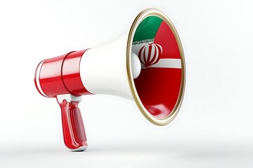 Megaphone with Iranian flag, 3D rendering isolated on white background