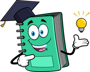 School Textbook Cartoon Character With Graduate Cap Pointing To Light Bulb. Vector Hand Drawn Illustration Isolated On Transparent Background