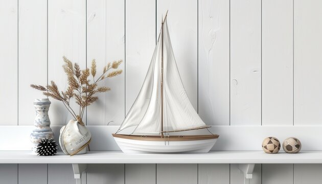 Decorative Sailing Ship Model On A White Shelf With Dried Flowers And Objects