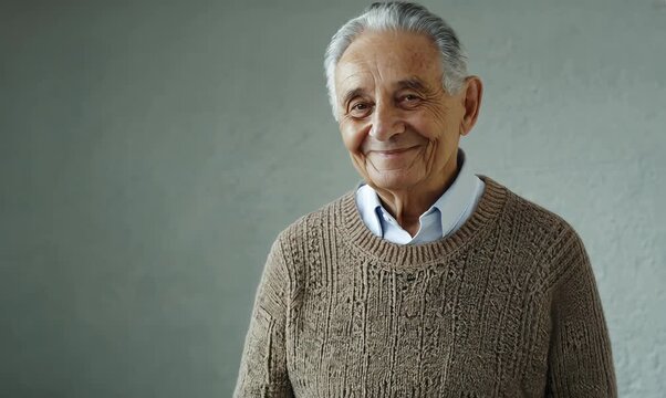 Medium shot portrait video of a French man in his 80s wearing a cozy sweater against a minimalist or empty room background