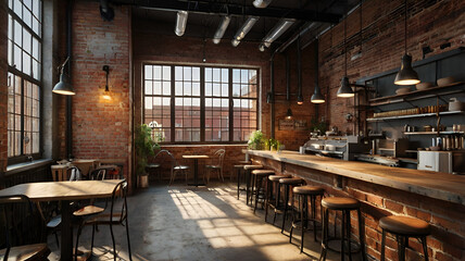 Fototapeta premium Minimal cafe and bricks wall,wide windows interior design.