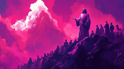 Fototapeta premium Majestic Jesus Against a Vibrant Mountain Backdrop