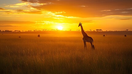 Fototapeta premium African savanna at dawn, lone giraffe silhouette, golden sunrise, vibrant sky, wispy clouds, tall grass prairie, acacia trees on horizon, early morning light, warm color palette.