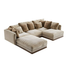 Obraz premium Elegant beige sectional sofa set against a transparent checkered background, perfect for interior design
