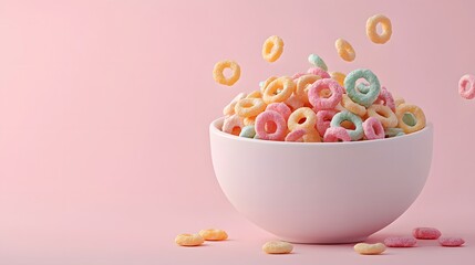 Colorful fruit loop cereal, white ceramic bowl, soft pink background, vibrant food photography, pastel color palette, high-key lighting, crisp details, minimalist composition.