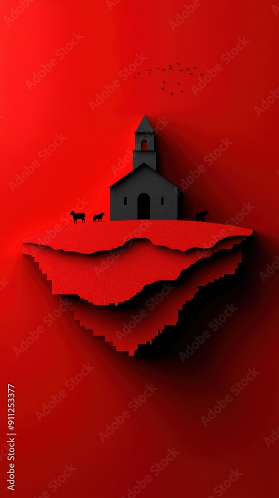 Wall mural Stylized Landscape with Church on Vibrant Red Background