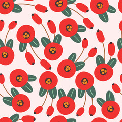 Seamless pattern with red flowers on white background.Abstract vector texture for textile, fabric, wrapping paper.	
