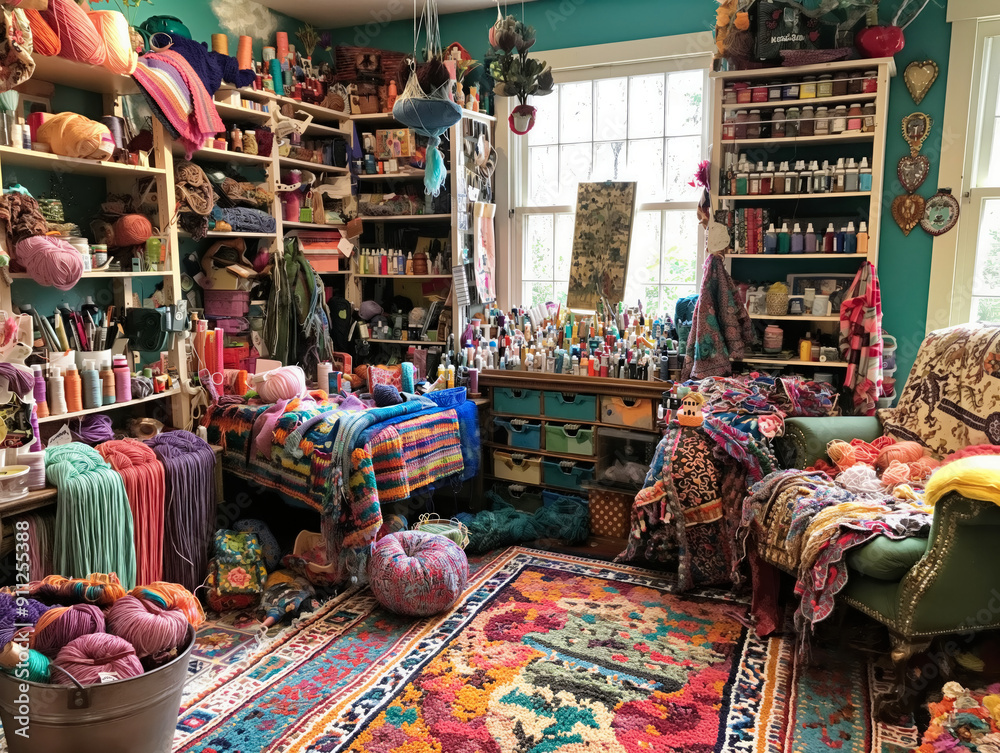 Wall mural A room filled with yarn, knitting supplies, and other crafting materials. The room is colorful and cozy, with a rug on the floor and a chair in the corner