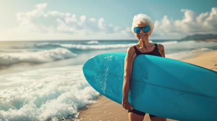 The elderly woman with surfboard