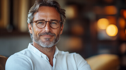 Fototapeta premium Portrait of handsome mature man in eyeglasses looking at camera
