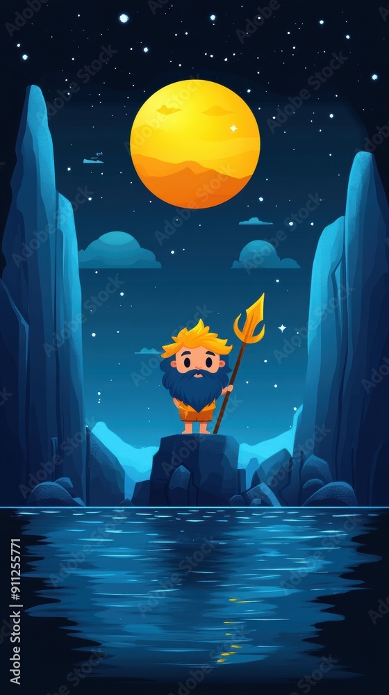 Poster Whimsical Hero Standing on a Rock in Moonlit Scene