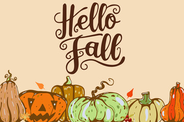 Hello Fall lettering, autumn decorative vector card.